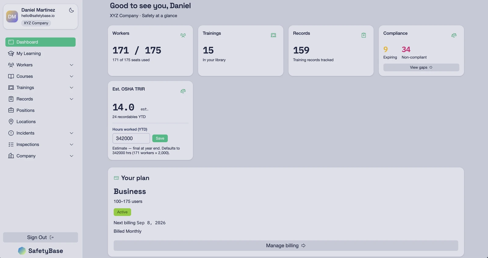 SafetyBase dashboard